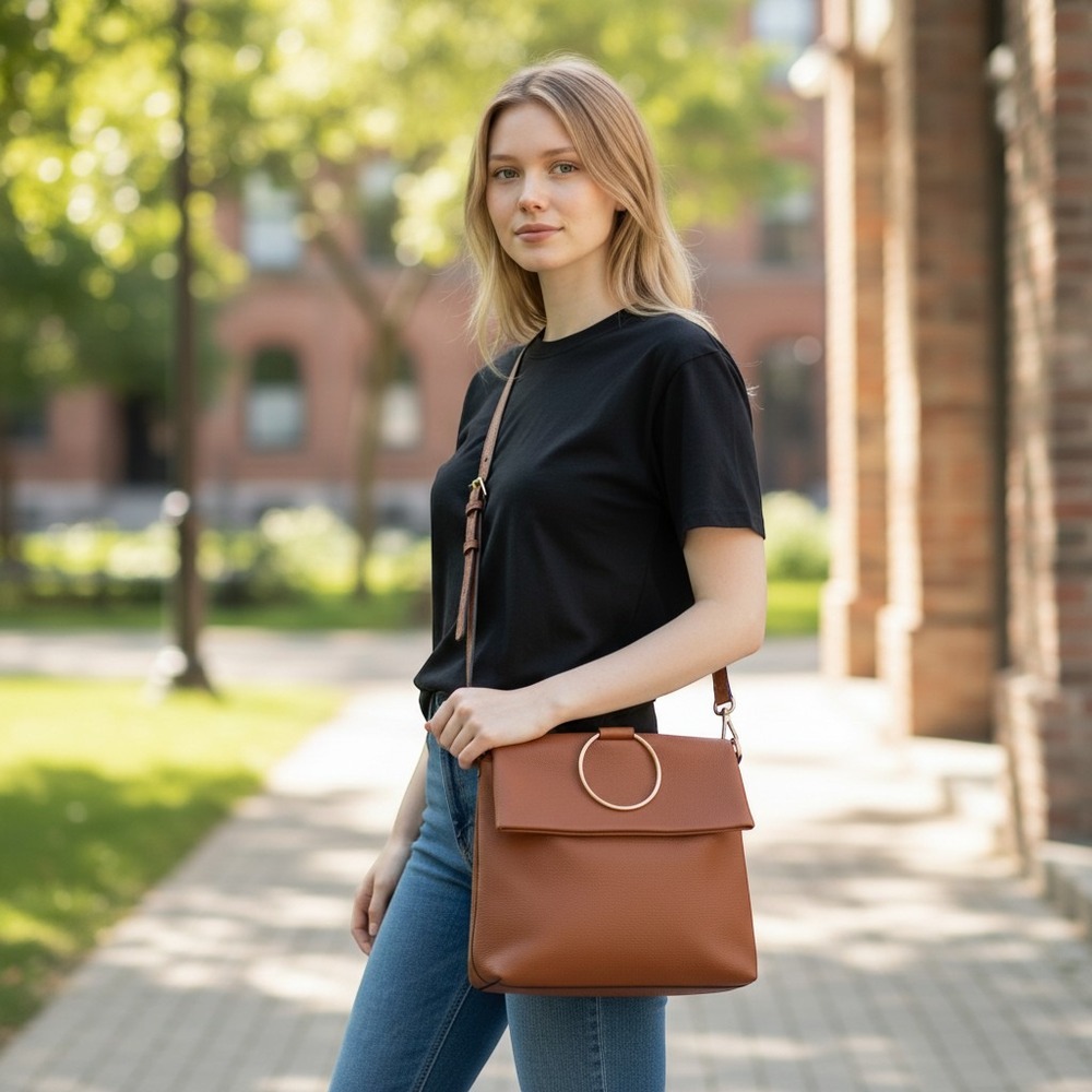 Convertible Leather Suede Crossbody Backpack Cognac Brown Gold Ring Handle